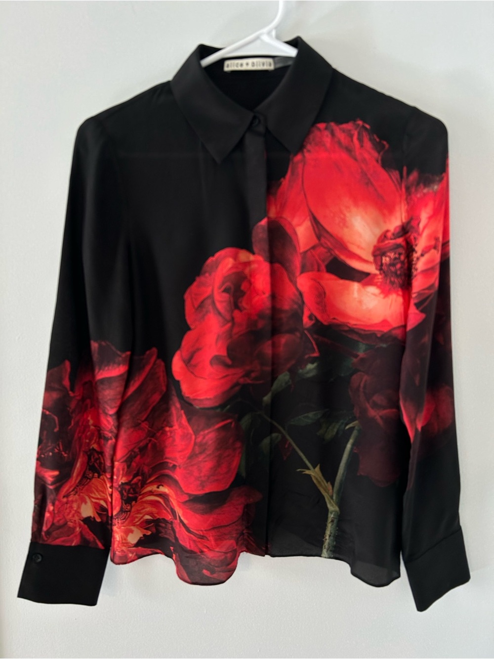 Alice + Olivia Brady Silk Blouse Peony Petals Bright Ruby Size XS Extra Small